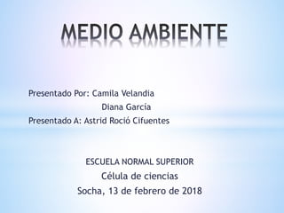 Presentado Por: Camila Velandia
Diana García
Presentado A: Astrid Roció Cifuentes
ESCUELA NORMAL SUPERIOR
Célula de ciencias
Socha, 13 de febrero de 2018
 