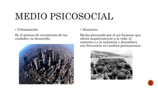  Urbanización
Es el proceso de crecimiento de las
ciudades, su desarrollo.
 Desastres
Hecho provocado por el ser humano que
afecta negativamente a la vida, al
sustento o a la industria y desemboca
con frecuencia en cambios permanentes.
 
