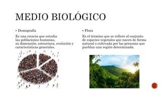  Demografía
Es una ciencia que estudia
las poblaciones humanas,
su dimensión, estructura, evolución y
características generales.
 Flora
Es el término que se refiere al conjunto
de especies vegetales que nacen de forma
natural o cultivada por las personas que
pueblan una región determinada.
 