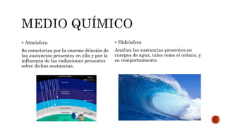  Atmósfera
Se caracteriza por la enorme dilución de
las sustancias presentes en ella y por la
influencia de las radiaciones presentes
sobre dichas sustancias.
 Hidrósfera
Analiza las sustancias presentes en
cuerpos de agua, tales como el océano, y
su comportamiento.
 
