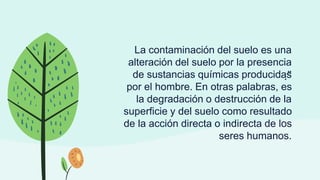 .”
La contaminación del suelo es una
alteración del suelo por la presencia
de sustancias químicas producidas
por el hombre. En otras palabras, es
la degradación o destrucción de la
superficie y del suelo como resultado
de la acción directa o indirecta de los
seres humanos.
 