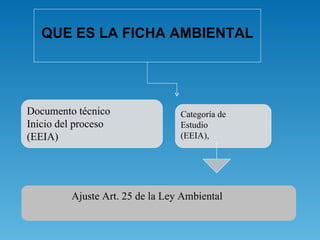 QUE ES LA FICHA AMBIENTAL




Documento técnico                Categoría de
Inicio del proceso               Estudio
(EEIA)                           (EEIA),




         Ajuste Art. 25 de la Ley Ambiental
 
