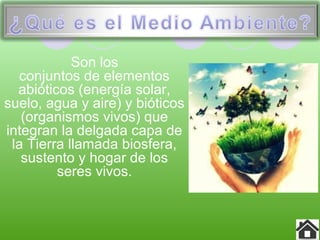 Son los
conjuntos de elementos
abióticos (energía solar,
suelo, agua y aire) y bióticos
(organismos vivos) que
integran la delgada capa de
la Tierra llamada biosfera,
sustento y hogar de los
seres vivos.
 