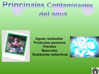 Aguas residuales
Productos químicos
Petróleo
Basurales
Sustancias radiactivas
 