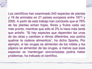 Los científicos han examinado 542 especies de plantas y 19 de animales en 21 países europeos entre 1971 y 2000. A partir de este trabajo han concluido que el 78% de las plantas echan hojas, flores y frutos cada vez más pronto, mientras que sólo el 3% lo hace más tarde que antaño. “Si hay especies que dependen las unas de las otras y cambian a ritmos diferentes, eso podría quebrar la cadena alimenticia”, ha dicho Sparks. Por ejemplo, si las orugas se alimentan de los robles y los pájaros se alimentan de las orugas, a menos que esas especies se mantengan sincronizadas podría haber problemas, ha indicado el científico. 