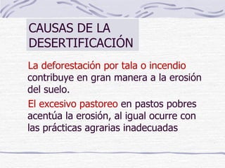 CAUSAS DE LA DESERTIFICACIÓN La deforestación por tala o incendio  contribuye en gran manera a la erosión del suelo.  El excesivo pastoreo  en pastos pobres acentúa la erosión, al igual ocurre con las prácticas agrarias inadecuadas  