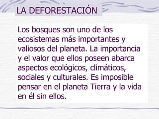 LA DEFORESTACIÓN Los bosques son uno de los ecosistemas más importantes y valiosos del planeta. La importancia y el valor que ellos poseen abarca aspectos ecológicos, climáticos, sociales y culturales. Es imposible pensar en el planeta Tierra y la vida en él sin ellos.  