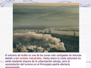 El estuario de Avilés es una de las zonas más castigadas de Asturias debido a los  vertidos industriales .  Hasta ahora la costa asturiana ha salido bastante impune de la urbanización salvaje, pero la reorientación del turismo en el Principado podría afectarla severamente. 