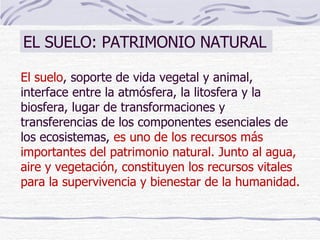 EL SUELO: PATRIMONIO NATURAL El suelo , soporte de vida vegetal y animal, interface entre la atmósfera, la litosfera y la biosfera, lugar de transformaciones y transferencias de los componentes esenciales de los ecosistemas,  es uno de los recursos más importantes del patrimonio natural. Junto al agua, aire y vegetación, constituyen los recursos vitales para la supervivencia y bienestar de la humanidad. 