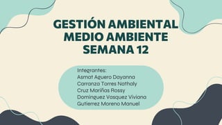 GESTIÓN AMBIENTAL
MEDIO AMBIENTE
SEMANA 12
Integrantes:
Asmat Aguero Dayanna
Carranza Torres Nathaly
Cruz Mariñas Rossy
Do...