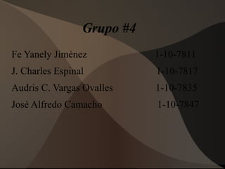 Grupo #4
Fe Yanely Jiménez 1-10-7811
J. Charles Espinal 1-10-7817
Audris C. Vargas Ovalles 1-10-7835
José Alfredo Camacho 1-10-7847