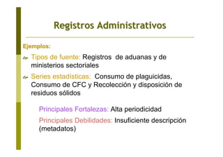 Ejemplos:Ejemplos:
Tipos de fuente: Registros de aduanas y de
ministerios sectoriales
Series estadísticas: Consumo de plaguicidas,
Consumo de CFC y Recolección y disposición de
residuos sólidos
Principales Fortalezas: Alta periodicidad
Principales Debilidades: Insuficiente descripción
(metadatos)
Registros AdministrativosRegistros Administrativos
 