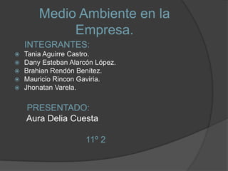 Medio Ambiente en la
             Empresa.
    INTEGRANTES:
   Tania Aguirre Castro.
   Dany Esteban Alarcón López.
   Brahian Rendón Benítez.
   Mauricio Rincon Gaviria.
   Jhonatan Varela.


    PRESENTADO:
    Aura Delia Cuesta

                      11º 2
 