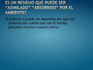El plástico si puede ser absorbido por que nos
  podemos dar cuenta que con el tiempo
  perjudica mucho a nuestra tierra.
 