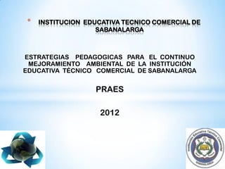 *   INSTITUCION EDUCATIVA TECNICO COMERCIAL DE
                   SABANALARGA



ESTRATEGIAS PEDAGOGICAS PARA EL CONTINUO
 MEJORAMIENTO AMBIENTAL DE LA INSTITUCIÓN
EDUCATIVA TÉCNICO COMERCIAL DE SABANALARGA


                  PRAES

                   2012
 