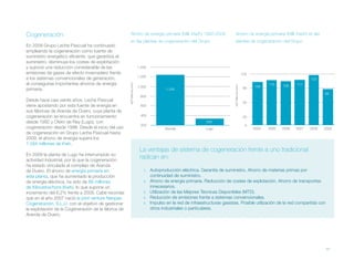 cogeneración                                             ahorro de energía primaria (Mill. Kw/h) 1992-2009                      ahorro de energía primaria (Mill. Kw/h) en las
                                                         en las plantas de cogeneración del Grupo                               plantas de cogeneración del Grupo
En 2009 Grupo Leche Pascual ha continuado
empleando la cogeneración como fuente de
suministro energético eficiente, que garantiza el
suministro, disminuye los costes de explotación
y supone una reducción considerable de las                               1.400
emisiones de gases de efecto invernadero frente                                                                                                  125
                                                                         1.200
a los sistemas convencionales de generación,                                                                                                                                       123
al conseguirse importantes ahorros de energía




                                                     AEP Millones Kw/h
                                                                                                                                                              110    108    111
                                                                                                                                                       106




                                                                                                                             AEP Millones Kw/h
                                                                         1.000                                                                    90
primaria.                                                                                1.245
                                                                                                                                                                                          89
                                                                          800
Desde hace casi veinte años, Leche Pascual                                                                                                        55
viene apostando por esta fuente de energía en                             600
sus fábricas de Aranda de Duero, cuya planta de
cogeneración se encuentra en funcionamiento                               400                                                                     20
desde 1992 y Otero de Rey (Lugo), con                                                                         339
                                                                          200                                                                      0
cogeneración desde 1998. Desde el inicio del uso                                        Aranda                Lugo                                     2004   2005   2006   2007   2008   2009
de cogeneración en Grupo Leche Pascual hasta
2009, el ahorro de energía supera los
1.584 millones de Kwh.
                                                                          La ventajas de sistema de cogeneración frente a uno tradicional
En 2009 la planta de Lugo ha interrumpido su
actividad industrial, por la que la cogeneración
                                                                          radican en:
ha estado vinculada al complejo de Aranda
de Duero. El ahorro de energía primaria en                                  1.   Autoproducción eléctrica. Garantía de suministro. Ahorro de materias primas por
esta planta, que ha aumentado la producción                                      continuidad de suministro.
de energía eléctrica, ha sido de 89 millones                                2.   Ahorro de energía primaria. Reducción de costes de explotación. Ahorro de transportes
de Kilovatios/hora (Kwh), lo que supone un                                       innecesarios.
incremento del 6,2% frente a 2008. Cabe recordar                            3.   Utilización de las Mejores Técnicas Disponibles (MTD).
que en el año 2007 nació la joint venture Neopas                            4.   Reducción de emisiones frente a sistemas convencionales.
Cogeneración, S.L.U. con el objetivo de gestionar                           5.   Impulso en la red de infraestructuras gasistas. Posible utilización de la red compartida con
la explotación de la Cogeneración de la fábrica de                               otros industriales o particulares.
Aranda de Duero.




                                                                                                                                                                                           63
 