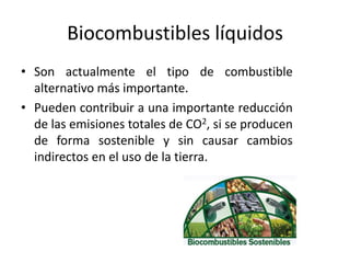 Biocombustibles líquidos
• Son actualmente el tipo de combustible
alternativo más importante.
• Pueden contribuir a una importante reducción
de las emisiones totales de CO2, si se producen
de forma sostenible y sin causar cambios
indirectos en el uso de la tierra.
 