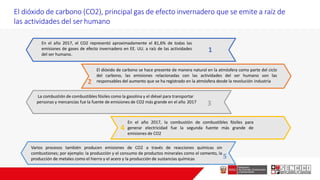 1
3
5
2
4
En el año 2017, el CO2 representó aproximadamente el 81,6% de todas las
emisiones de gases de efecto invernadero en EE. UU. a raíz de las actividades
del ser humano.
El dióxido de carbono se hace presente de manera natural en la atmósfera como parte del ciclo
del carbono, las emisiones relacionadas con las actividades del ser humano son las
responsables del aumento que se ha registrado en la atmósfera desde la revolución industria
La combustión de combustibles fósiles como la gasolina y el diésel para transportar
personas y mercancías fue la fuente de emisiones de CO2 más grande en el año 2017
En el año 2017, la combustión de combustibles fósiles para
generar electricidad fue la segunda fuente más grande de
emisiones de CO2
Varios procesos también producen emisiones de CO2 a través de reacciones químicas sin
combustiones; por ejemplo: la producción y el consumo de productos minerales como el cemento, la
producción de metales como el hierro y el acero y la producción de sustancias químicas
El dióxido de carbono (CO2), principal gas de efecto invernadero que se emite a raíz de
las actividades del serhumano
 