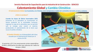 Calentamiento Global y Cambio Climático
El Calentamiento Global es el aumento, en el tiempo, de la temperatura media de la atmósfera terrestre, el aire y océanos.
¿Cómo se produce?
Cuando los Gases de Efecto Invernadero (GEI)
presentes en la atmosfera se incrementan en
exceso producto de la actividades humanas,
engrosan la capa de la atmosfera que no permite
salir la energía solar (calor) al exterior,
produciendo el calentamiento de la tierra que
causa el cambio climático.
https://www.nationalgeographic.es/medio-ambiente/que-es-el-calentamiento-global
http://www.minam.gob.pe/cambioclimatico/wp-content/uploads/sites/11/2013/10/NI%C3%91OS_pdf.pdf
https://www.wwf.org.co/?uNewsID=325754
Si aumenta a 2ª C, las consecuencias serían catastróficas.
El 2015 y 2019 fueron los años mas calurosos de todos los
tiempos. (ONU)
El Cambio Climático es el desequilibrio del clima
causado por el Calentamiento Global por el
exceso de GEI.
 