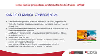 CAMBIO CLIMÁTICO- CONSECUENCIAS
• Están afectando a procesos esenciales de nuestra naturaleza, llegando a ser
vitales. En el caso de los ecosistemas, como los humedales, están en riesgo de
desaparecer.
• Aumento de la temperatura media y la disminución de las precipitaciones que
está incrementando los incendios.
• Acidificación y contaminación del agua gracias a la concentración de dióxido
de carbono en el aire.
• Aumento del nivel del mar
• Grandes fenómenos meteorológicos como los huracanes, ciclones, lluvias,
sequías extremas o inundaciones
• Muerte, migración y extinción de diferentes especies de animales.
• Aparición de enfermedades como el dengue y la malaria.
https://cutt.ly/DuhI9P6
 