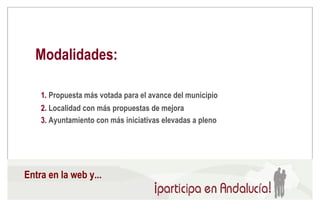 Modalidades: Entra en la web y... 1.  Propuesta más votada para el avance del municipio 2.  Localidad con más propuestas de mejora 3.  Ayuntamiento con más iniciativas elevadas a pleno 