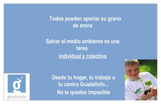 Todos pueden aportar su grano de arena Salvar el medio ambiente es una tarea  individual y colectiva Desde tu hogar, tu trabajo o tu centro Guadalinfo... No te quedes impasible 