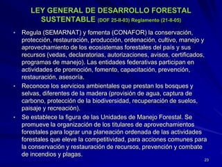 LEY GENERAL DE DESARROLLO FORESTAL
SUSTENTABLE (DOF 25-II-03) Reglamento (21-II-05)
• Regula (SEMARNAT) y fomenta (CONAFOR) la conservación,
protección, restauración, producción, ordenación, cultivo, manejo y
aprovechamiento de los ecosistemas forestales del país y sus
recursos (vedas, declaratorias, autorizaciones, avisos, certificados,
programas de manejo). Las entidades federativas participan en
actividades de promoción, fomento, capacitación, prevención,
restauración, asesoría.
• Reconoce los servicios ambientales que prestan los bosques y
selvas, diferentes de la madera (provisión de agua, captura de
carbono, protección de la biodiversidad, recuperación de suelos,
paisaje y recreación).
• Se establece la figura de las Unidades de Manejo Forestal. Se
promueve la organización de los titulares de aprovechamientos
forestales para lograr una planeación ordenada de las actividades
forestales que eleve la competitividad, para acciones comunes para
la conservación y restauración de recursos, prevención y combate
de incendios y plagas.
23
 