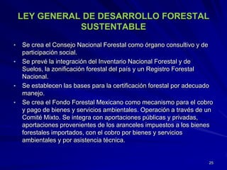 LEY GENERAL DE DESARROLLO FORESTAL
SUSTENTABLE
• Se crea el Consejo Nacional Forestal como órgano consultivo y de
participación social.
• Se prevé la integración del Inventario Nacional Forestal y de
Suelos, la zonificación forestal del país y un Registro Forestal
Nacional.
• Se establecen las bases para la certificación forestal por adecuado
manejo.
• Se crea el Fondo Forestal Mexicano como mecanismo para el cobro
y pago de bienes y servicios ambientales. Operación a través de un
Comité Mixto. Se integra con aportaciones públicas y privadas,
aportaciones provenientes de los aranceles impuestos a los bienes
forestales importados, con el cobro por bienes y servicios
ambientales y por asistencia técnica.
25
 