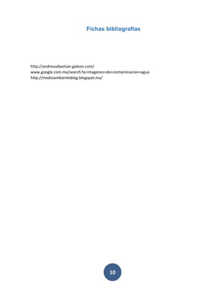 10 
Fichas bibliografías 
http://andressebastian.galeon.com/ www.google.com.mx/search?q=imagenes+de+contaminacion+agua http://medioambienteblog.blogspot.mx/ 
