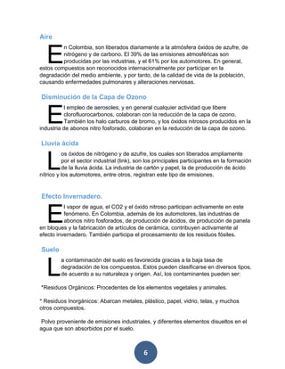 6 
Aire 
n Colombia, son liberados diariamente a la atmósfera óxidos de azufre, de nitrógeno y de carbono. El 39% de las emisiones atmosféricas son producidas por las industrias, y el 61% por los automotores. En general, estos compuestos son reconocidos internacionalmente por participar en la degradación del medio ambiente, y por tanto, de la calidad de vida de la población, causando enfermedades pulmonares y alteraciones nerviosas. 
Disminución de la Capa de Ozono 
l empleo de aerosoles, y en general cualquier actividad que libere clorofluorocarbonos, colaboran con la reducción de la capa de ozono. También los halo carburos de bromo, y los óxidos nitrosos producidos en la industria de abonos nitro fosforado, colaboran en la reducción de la capa de ozono. 
Lluvia ácida 
os óxidos de nitrógeno y de azufre, los cuales son liberados ampliamente por el sector industrial (link), son los principales participantes en la formación de la lluvia ácida. La industria de cartón y papel, la de producción de ácido nítrico y los automotores, entre otros, registran este tipo de emisiones. 
Efecto Invernadero. 
l vapor de agua, el CO2 y el óxido nitroso participan activamente en este fenómeno. En Colombia, además de los automotores, las industrias de abonos nitro fosforados, de producción de ácidos, de producción de panela en bloques y la fabricación de artículos de cerámica, contribuyen activamente al efecto invernadero. También participa el procesamiento de los residuos fósiles. 
Suelo 
a contaminación del suelo es favorecida gracias a la baja tasa de degradación de los compuestos. Estos pueden clasificarse en diversos tipos, de acuerdo a su naturaleza y origen. Así, los contaminantes pueden ser: 
*Residuos Orgánicos: Procedentes de los elementos vegetales y animales. 
* Residuos Inorgánicos: Abarcan metales, plástico, papel, vidrio, telas, y muchos otros compuestos. 
Polvo proveniente de emisiones industriales, y diferentes elementos disueltos en el agua que son absorbidos por el suelo. 
E 
E 
L 
E 
L  