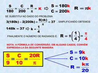 S C R
180 200
= = =
π
K
S k180=
C k200=
R k= π
SE SUBSTITUI NO DADO DO PROBLEMA
8( k)
3(180k) 2(200k) 37
π
− + =
π
, SIMPLIFICANDO OBTEMOS
148k 37= 1
k
4
=
FINALMENTE O NÚMERO DE RADIANOS É: R =
1
4
 
π = ÷
  4
π
S k9=
C k10=
R
0
k
2
π
=
NOTA: A FÓRMULA DE CONVERSÃO, EM ALGUNS CASOS, CONVÉM
EXPRESSA-LA DA SEGUINTE MANEIRA
S
9
=
C
10
=
20R
π
 