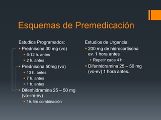 Esquemas de Premedicación
Estudios Programados:
 Prednisona 30 mg (vo)
 6-12 h. antes
 2 h. antes
 Prednisona 50mg (vo)
 13 h. antes
 7 h. antes
 1 h. antes
 Difenhidramina 25 – 50 mg
(vo–im-ev)
 1h. En combinación
Estudios de Urgencia:
 200 mg de hidrocortisona
ev. 1 hora antes
 Repetir cada 4 h.
 Difenhidramina 25 – 50 mg
(vo-ev) 1 hora antes.
 