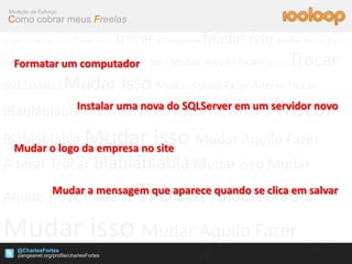 Medição de Esforço
 Como cobrar meus Freelas

Mudar isso Mudar Aquilo   Fazer Alterar   Trocar Bláblábláblá Mudar isso Mudar Aquilo Fazer
Alterar Trocar Bláblábláblá Mudar
   Formatar um computador                        isso Mudar Aquilo Fazer Alterar   Trocar
Bláblábláblá          Mudar isso Mudar Aquilo Fazer Alterar Trocar
            Instalar uma nova do SQLServer em um servidor novo
Bláblábláblá Mudar isso Mudar Aquilo Fazer Alterar                           Trocar
Bláblábláblá da empresa noisso Mudar Aquilo Fazer
  Mudar o logo
               Mudar site
Alterar Trocar Bláblábláblá Mudar isso Mudar
       Mudar mensagem
                                  BlábláblábláTrocar
Aquilo Fazera Alterar que aparece quando se clica em salvar

Mudar isso Mudar Aquilo Fazer
    @CharlesFortes
 