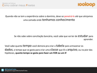 Medição de Esforço
Como cobrar meus Freelas


   Quando não se tem a experiência sobre o domínio, deve-se penetrá-lo até que atinjamos
                         uma camada onde tenhamos        conhecimento




                Se não sabe sobre conciliação bancária, você sabe que vai ter de estudar para
                                                                                     aprender.

   Você sabe quanto tempo você demora pra criar a tabela para armazenar os
   dados, o tempo que se gasta para criar uma classe que lê o arquivo, ou na pior das
   hipóteses, quanto tempo se gasta para fazer um FOR ou um IF




   @CharlesFortes
 
