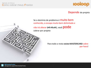 Medição de Esforço
Como cobrar meus Freelas

                                                                Depende do projeto

                           Se o domínio de problema é muito bem
                           conhecido, o escopo muito bem delimitado e
                           não irá alterar (HÁ #EuRi), você   pode
                           cobrar por projeto




                                          Para todo o resto existe MASTERCARD cobre
                                                                           por hora!




   @CharlesFortes
 