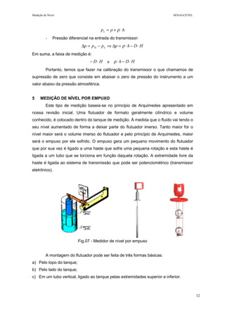 Medição de Nível SENAI-CETEL
12
hppL ⋅+= ρ
- Pressão diferencial na entrada do transmissor:
HDhpppp LH ⋅−⋅=∆⇒−=∆ ρ
Em suma, a faixa de medição é:
HDhHD ⋅−⋅⋅− ρa
Portanto, temos que fazer na calibração do transmissor o que chamamos de
supressão de zero que consiste em abaixar o zero de pressão do instrumento a um
valor abaixo da pressão atmosférica.
5 MEDIÇÃO DE NÍVEL POR EMPUXO
Este tipo de medição baseia-se no princípio de Arquimedes apresentado em
nossa revisão inicial. Uma flutuador de formato geralmente cilíndrico e volume
conhecido, é colocado dentro do tanque de medição. À medida que o fluido vai tendo o
seu nível aumentado de forma a deixar parte do flutuador imerso. Tanto maior for o
nível maior será o volume imerso do flutuador e pelo princípio de Arquimedes, maior
será o empuxo por ele sofrido. O empuxo gera um pequeno movimento do flutuador
que por sua vez é ligado a uma haste que sofre uma pequena rotação e esta haste é
ligada a um tubo que se torciona em função daquela rotação. A extremidade livre da
haste é ligada ao sistema de transmissão que pode ser potenciométrico (transmissor
eletrônico).
Fig.07 - Medidor de nível por empuxo
A montagem do flutuador pode ser feita de três formas básicas:
a) Pelo topo do tanque;
b) Pelo lado do tanque;
c) Em um tubo vertical, ligado ao tanque pelas extremidades superior e inferior.
 