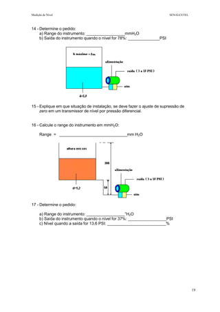 Medição de Nível SENAI-CETEL
19
14 - Determine o pedido:
a) Range do instrumento: _________________mmH2O
b) Saída do instrumento quando o nível for 78%: ______________PSI
15 - Explique em que situação de instalação, se deve fazer o ajuste de supressão de
zero em um transmissor de nível por pressão diferencial.
16 - Calcule o range do instrumento em mmH2O:
Range = ______________________________mm H2O
17 - Determine o pedido:
a) Range do instrumento: _________________”H2O
b) Saída do instrumento quando o nível for 37%: _________________PSI
c) Nível quando a saída for 13,6 PSI: __________________________%
 