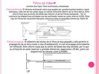 TIPOS DE FIBRA♥ 
existen dos tipos: fibra multimodo y monomodo. 
Fibras multimodo. El término multimodo indica que pueden ser guiados muchos modos o rayos 
luminosos, cada uno de los cuales sigue un camino diferente dentro de la fibra óptica. Este 
efecto hace que su ancho de banda sea inferior al de las fibras monomodo. . Por el 
contrario los dispositivos utilizados con las multimodo tienen un coste inferior (LED). Este 
tipo de fibras son las preferidas para comunicaciones en pequeñas distancias, hasta 10 
Km. 
Fibras monomodo. El diámetro del núcleo de la fibra es muy pequeño y sólo permite la 
propagación de un único modo o rayo (fundamental), el cual se propaga directamente 
sin reflexión. Este efecto causa que su ancho de banda sea muy elevado, por lo que 
su utilización se suele reservar a grandes distancias, superiores a 10 Km, junto con 
dispositivos de elevado coste (LÁSER). 
 