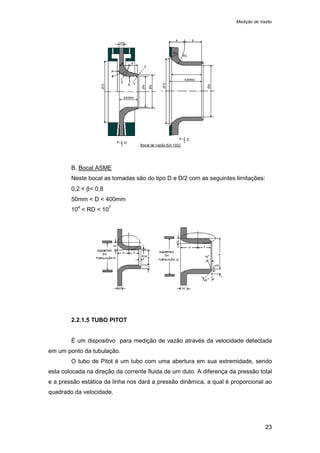 Medição de Vazão
23
B. Bocal ASME
Neste bocal as tomadas são do tipo D e D/2 com as seguintes limitações:
0,2 < β< 0,8
50mm < D < 400mm
10
4
< RD < 10
7
2.2.1.5 TUBO PITOT
É um dispositivo para medição de vazão através da velocidade detectada
em um ponto da tubulação.
O tubo de Pitot é um tubo com uma abertura em sua extremidade, sendo
esta colocada na direção da corrente fluida de um duto. A diferença da pressão total
e a pressão estática da linha nos dará a pressão dinâmica, a qual é proporcional ao
quadrado da velocidade.
 