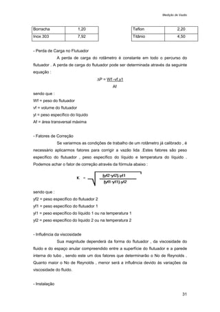 Medição de Vazão
31
Borracha 1,20 Teflon 2,20
Inox 303 7,92 Titânio 4,50
- Perda de Carga no Flutuador
A perda de carga do rotâmetro é constante em todo o percurso do
flutuador . A perda de carga do flutuador pode ser determinada através da seguinte
equação :
∆P = Wf -vf.y1
Af
sendo que :
Wf = peso do flutuador
vf = volume do flutuador
yl = peso específico do líquido
Af = área transversal máxima
- Fatores de Correção
Se variarmos as condições de trabalho de um rotâmetro já calibrado , é
necessário aplicarmos fatores para corrigir a vazão lida .Estes fatores são peso
específico do flutuador , peso específico do líquido e temperatura do líquido .
Podemos achar o fator de correção através da fórmula abaixo :
sendo que :
yf2 = peso específico do flutuador 2
yf1 = peso específico do flutuador 1
yl1 = peso específico do líquido 1 ou na temperatura 1
yl2 = peso específico do liquido 2 ou na temperatura 2
- Influência da viscosidade
Sua magnitude dependerá da forma do flutuador , da viscosidade do
fluido e do espaço anular compreendido entre a superfície do flutuador e a parede
interna do tubo , sendo este um dos fatores que determinarão o No de Reynolds .
Quanto maior o No de Reynolds , menor será a influência devido às variações da
viscosidade do fluido.
- Instalação
 