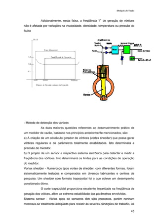 Medição de Vazão
45
Adicionalmente, nesta faixa, a freqüência “f” de geração de vórtices
não é afetada por variações na viscosidade, densidade, temperatura ou pressão do
fluido
- Método de detecção dos vórtices
As duas maiores questões referentes ao desenvolvimento prático de
um medidor de vazão, baseado nos princípios anteriormente mencionados, são:
a) A criação de um obstáculo gerador de vórtices (vortex shedder) que possa gerar
vórtices regulares e de parâmetros totalmente estabilizados. Isto determinará a
precisão do medidor.
b) O projeto de um sensor e respectivo sistema eletrônico para detectar e medir a
freqüência dos vórtices. Isto determinará os limites para as condições de operação
do medidor.
Vortex shedder - Numerosos tipos vortex de shedder, com diferentes formas, foram
sistematicamente testados e comparados em diversos fabricantes e centros de
pesquisa. Um shedder com formato trapezoidal foi o que obteve um desempenho
considerado ótimo.
O corte trapezoidal proporciona excelente linearidade na freqüência de
geração dos vótices, além de extrema estabilidade dos parâmetros envolvidos.
Sistema sensor - Vários tipos de sensores têm sido propostos, porém nenhum
mostrava-se totalmente adequado para resistir às severas condições de trabalho, as
 
