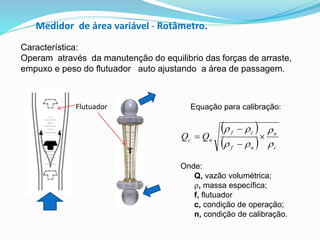 Medidor de área variável - Rotâmetro. 
Característica: 
Operam através da manutenção do equilibrio das forças de arraste, 
empuxo e peso do flutuador auto ajustando a área de passagem. 
Flutuador 
Equação para calibração: 
  
 
  c 
n 
  
 
f c 
f n 
c n Q Q 
 
  
 
 
 
Onde: 
Q, vazão volumétrica; 
, massa específica; 
f, flutuador 
c, condição de operação; 
n, condição de calibração. 
 