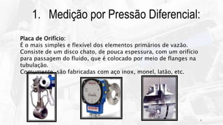 11
1. Medição por Pressão Diferencial:
Placa de Orifício:
É o mais simples e flexível dos elementos primários de vazão.
Consiste de um disco chato, de pouca espessura, com um orifício
para passagem do fluido, que é colocado por meio de flanges na
tubulação.
Comumente, são fabricadas com aço inox, monel, latão, etc.
 