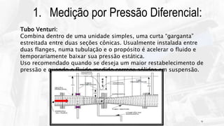 14
1. Medição por Pressão Diferencial:
Tubo Venturi:
Combina dentro de uma unidade simples, uma curta “garganta”
estreitada entre duas seções cônicas. Usualmente instalada entre
duas flanges, numa tubulação e o propósito é acelerar o fluido e
temporariamente baixar sua pressão estática.
Uso recomendado quando se deseja um maior restabelecimento de
pressão e quando o fluido medido carrega sólidos em suspensão.
 