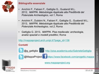 Bibliografia essenziale
• Anichini F., Fabiani F., Gattiglia G., Gualandi M.L.
2012, MAPPA. Metodologie Applicate alla Predittività del
Potenziale Archeologico, vol.1, Roma
• Anichini F., Dubbini N., Fabiani F., Gattiglia G., Gualandi M.L.
2013, MAPPA. Metodologie Applicate alla Predittività del
Potenziale Archeologico, vol.2, Roma
• Gattiglia G. 2013, MAPPA. Pisa medievale: archeologia,
analisi spaziali e modelli predittivi, Roma
http://mappaproject.arch.unipi.it/?page_id=136
Contatti
@g_gattiglia
@MappaProject

http://pisa.academia.edu/GabrieleGattiglia
https://www.facebook.com/progetto.mappa
www.mappaproject.org

Medioevo riciclato

25 di 25

 