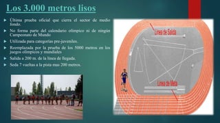 Los 3.000 metros lisos
 Última prueba oficial que cierra el sector de medio
fondo.
 No forma parte del calendario olímpico ni de ningún
Campeonato de Mundo
 Utilizada para categorías pre-juveniles.
 Reemplazada por la prueba de los 5000 metros en los
juegos olímpicos y mundiales
 Salida a 200 m. de la línea de llegada.
 Seda 7 vueltas a la pista mas 200 metros.
 