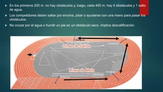  En los primeros 200 m. no hay obstáculos y, luego, cada 400 m. hay 4 obstáculos y 1 salto
de agua.
 Los competidores deben saltar por encima, pisar o ayudarse con una mano para pasar los
obstáculos.
 No cruzar por el agua o hundir un pie en un obstáculo seco, implica descalificación.
 