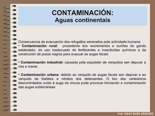 CONTAMINACIÓN: Aguas continentais Consecuencia da evacuación dos refugallos xenerados pola actividade humana: Contaminación rural:   procedente dos excrementos e ouriñes do gando estabulado, do uso inadecuado de fertilizantes e insecticidas químicos e da construción de pozos negros para evacuar as augas fecais Contaminación industrial:  causada pola expulsión de verquidos sen depurar a ríos e mares Contaminación urbana : debido ao verquido de augas fecais sen depurar e ao verquido de fosfatos e nitratos dos deterxentes. O lixo dos vertedoiros descontrolados unido á auga da chuvia pode provocar lixiviación e contaminación das augas subterráneas  Prof. ISAAC BUZO SÁNCHEZ 