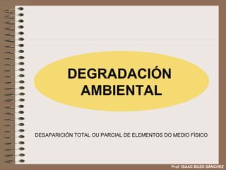DEGRADACIÓN  AMBIENTAL DESAPARICIÓN TOTAL OU PARCIAL DE ELEMENTOS DO MEDIO FÍSICO Prof. ISAAC BUZO SÁNCHEZ 