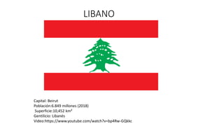 LIBANO
Capital: Beirut
Población:6.849 millones (2018)
Superficie:10,452 km²
Gentilicio: Libanés
Video:https://www.youtube.com/watch?v=bp4Rw-GQkkc
 